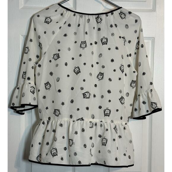 Kensie Women's Black And White Short Sleeve Owl Blouse, Polyester, Super Cute, S - Picture 5 of 8